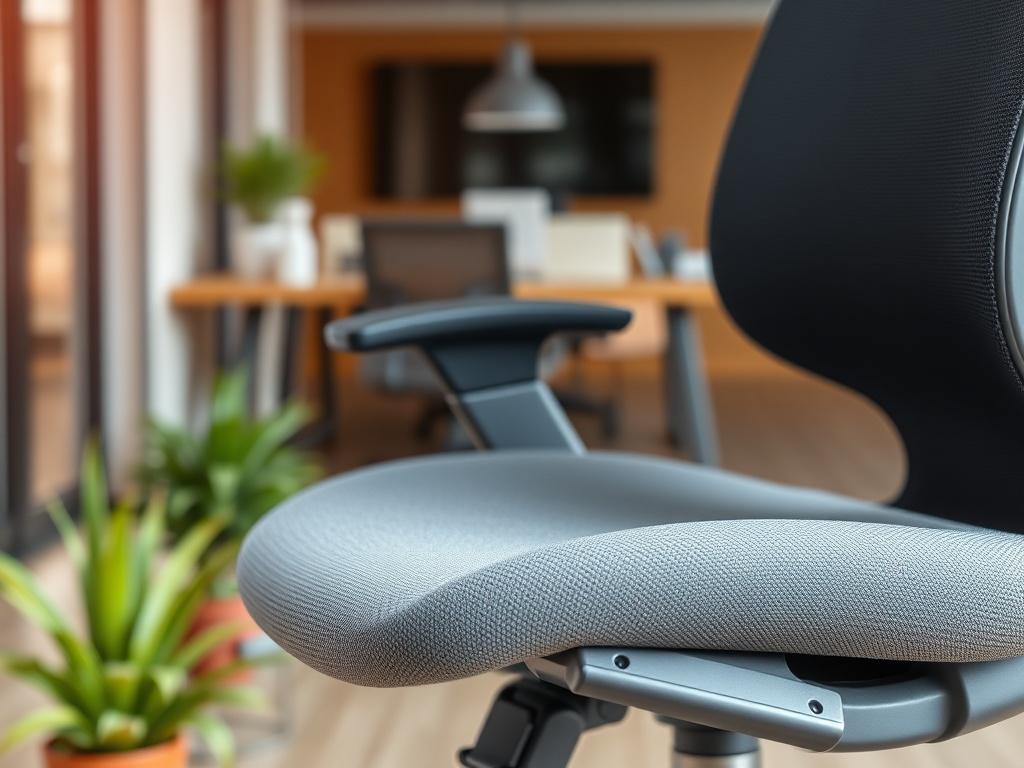 A close up shot of an ergonomic desk chair, showcasing
