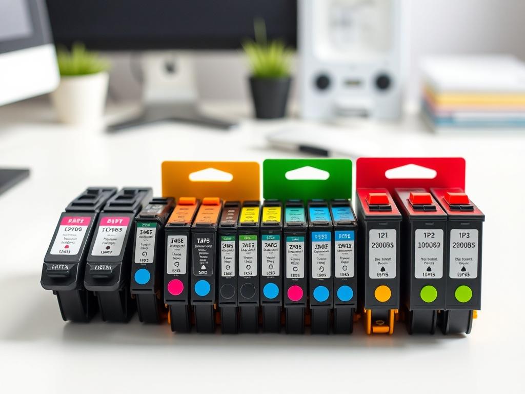 A high-resolution close-up shot of various printer ink cartridges and toner cartridges neatly arranged on a clean, white office desk. The background should be softly blurred to keep the focus on the cartridges, showcasing their vibrant colors and packaging details. The lighting is bright and natural, emphasizing the quality of the products. The image should resonate with a professional office environment, inviting users to consider these essential office supplies.