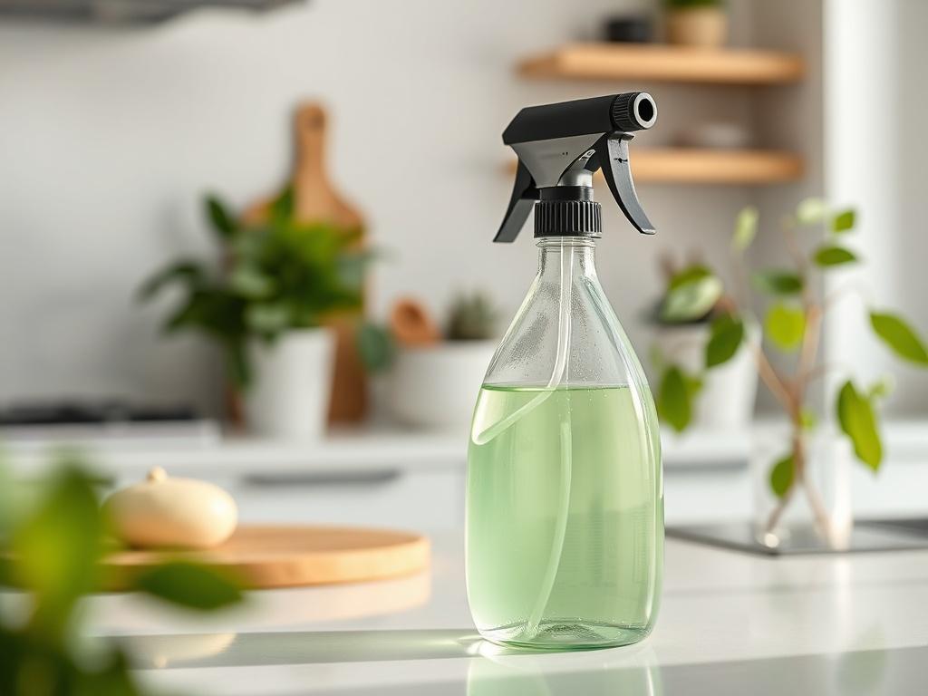 A close-up shot of an eco-friendly cleaning product, such as a biodegradable spray bottle, placed on a clean kitchen countertop. The background features a simple, bright kitchen setting with green plants, emphasizing sustainability. The image should be captured using a 45mm f/1.2 lens style for a hyper-realistic effect, focusing on the product in vivid detail, with the primary color of rgb(50, 170, 39) subtly incorporated in the product label or kitchen decor.
