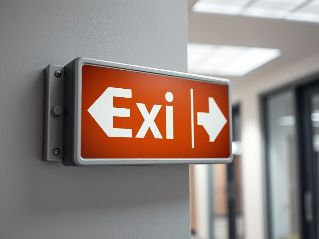 A close-up shot of a high-quality health and safety sign displaying emergency exit instructions. The sign should be prominently featured against a clean office backdrop, showcasing vibrant colors that align with safety standards. The image should convey clarity and importance, focusing solely on the signage without any distractions. The lighting should illuminate the sign, emphasizing its readability, while the background remains simple and unobtrusive.