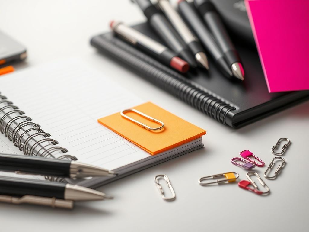 A realistic high-resolution image of an essential office stationery set. The composition features a neatly arranged collection of high-quality pens, a notebook, sticky notes in vibrant colors, and paper clips on a clean desk surface. The background is softly blurred to emphasize the stationery items, creating a professional and inviting atmosphere. The colors should pop, particularly with the sticky notes, against a subtle, light-colored desk background.