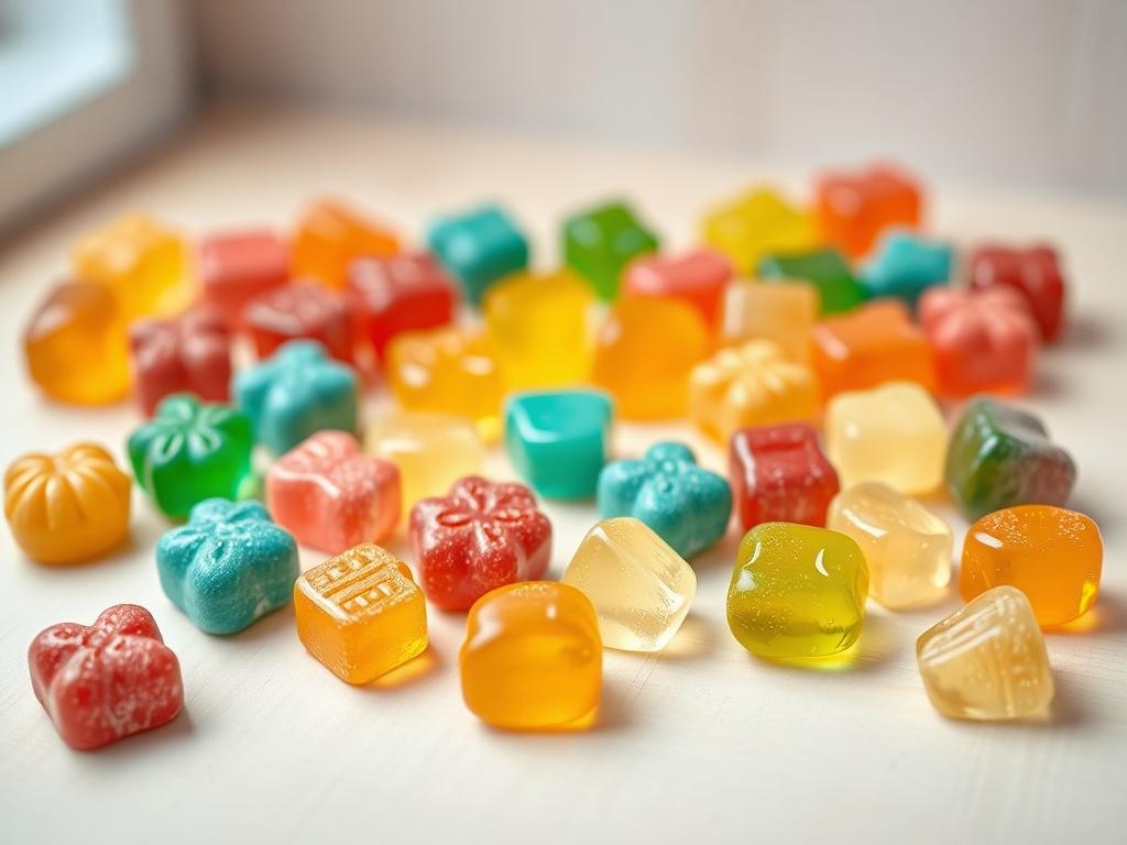 A colorful assortment of CBD gummies displayed on a light