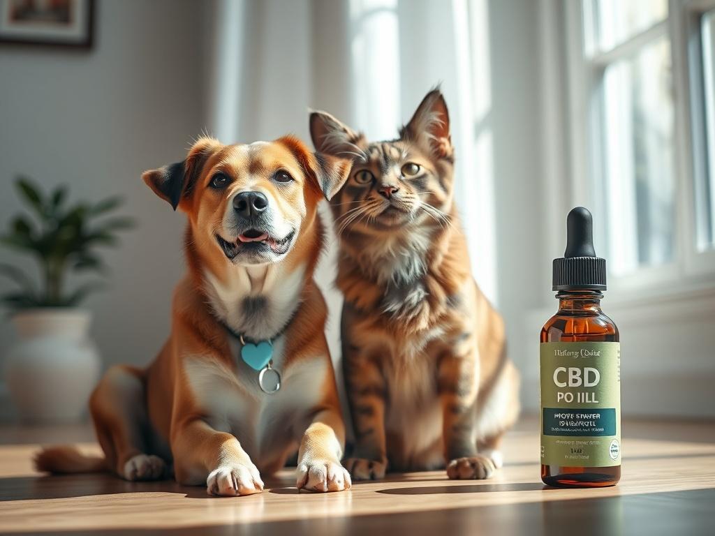 A happy dog and cat sitting together in a sunlit