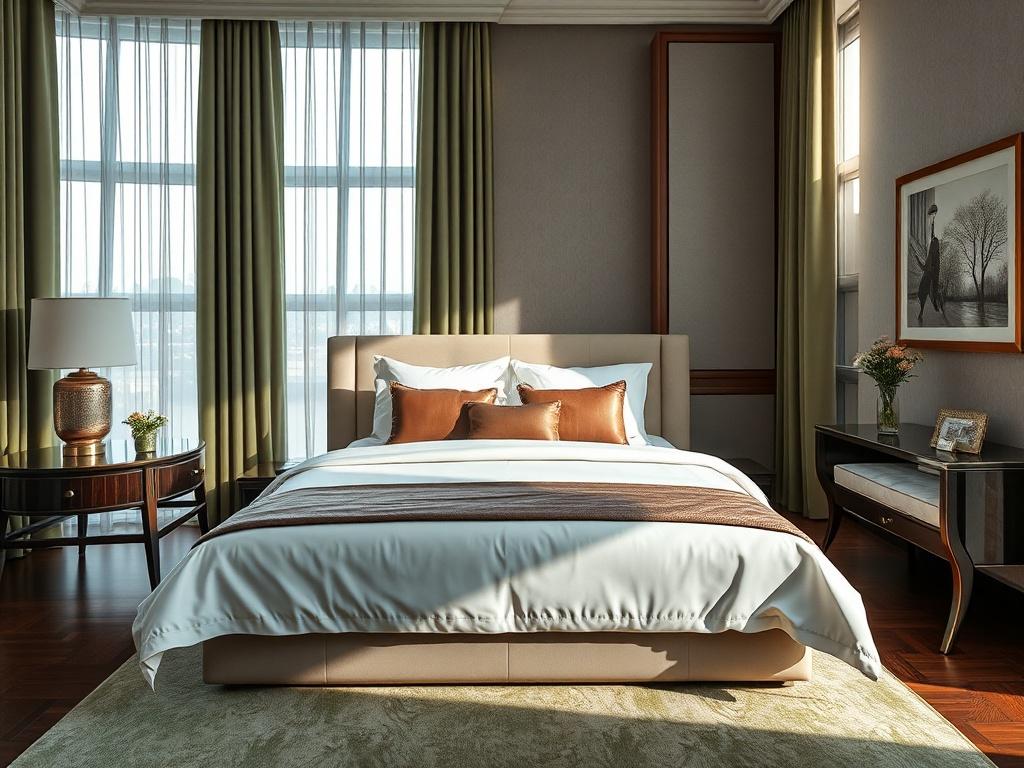 Create a realistic high-resolution photo of a luxurious hotel room interior in Abuja. The composition should focus on a single subject: a beautifully made king-sized bed with elegant linens, plush pillows, and tasteful decor that reflects sophistication and comfort. The background should feature large windows with sheer curtains, allowing soft natural light to flood the room, accentuating the inviting atmosphere. 

Include elements such as a stylish bedside table with a decorative lamp, a vase with fresh fl