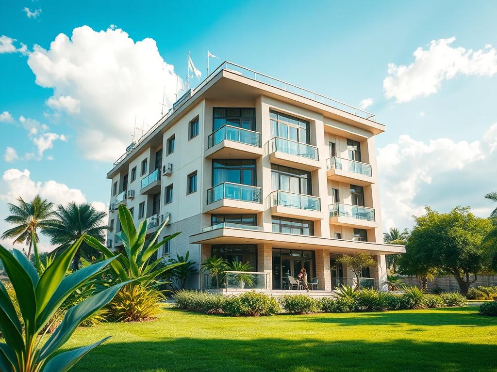 Generate a highly realistic, high-resolution photo featuring a modern apartment building and lodge in Abuja. The composition should be simple and clear, focusing solely on the building as the subject. Capture the lodge as the central element, showcasing its elegant architectural design with large windows and a welcoming entrance. Surround the building with lush greenery typical of Abuja's scenic environment, including tropical plants and well-maintained lawns to enhance the inviting atmosphere.

In the back