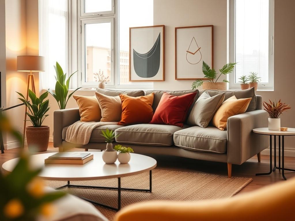 Create a realistic high-resolution photo that captures a stunning apartment interior, showcasing modern design elements. The composition should be simple and clear, featuring a cozy living area as the sole subject. Focus on a stylish sofa adorned with plush cushions, elegantly positioned in front of a large window that allows natural light to flood the space. Include tasteful decor elements, such as a minimalist coffee table, vibrant potted plants, and a tasteful piece of wall art in the background.

For th