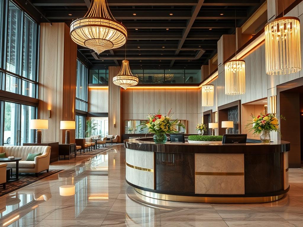 A realistic high resolution of a luxurious hotel lobby in