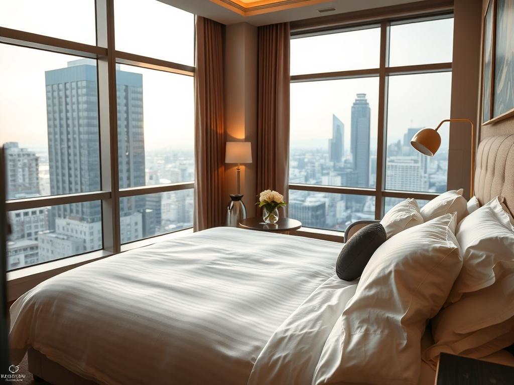 A cozy hotel room featuring a comfortable king sized bed