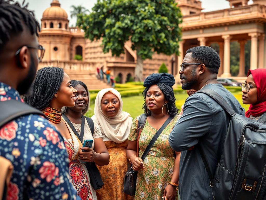 A vibrant scene of a guided tour group exploring a