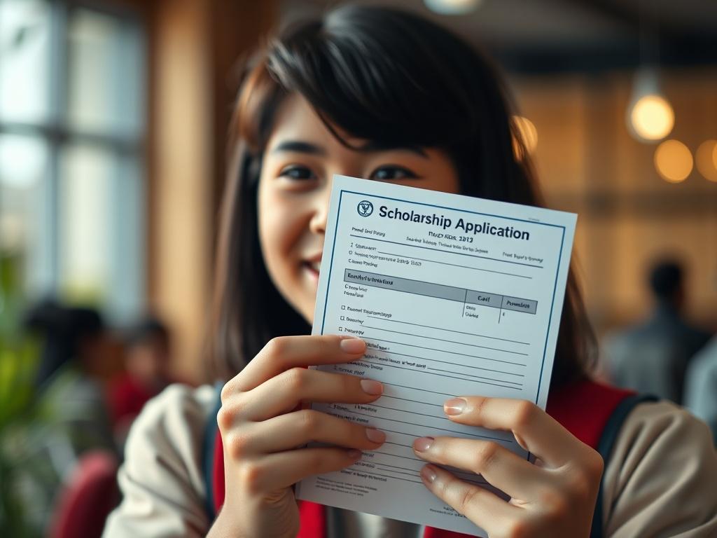 A close-up shot of a young student holding a scholarship application form, looking hopeful and determined. The background is softly blurred, emphasizing the student and the form. The lighting is warm and inviting, creating a positive atmosphere. The color palette should include the primary color rgb(2, 86, 197) subtly integrated into the scene, possibly through the student's clothing or surrounding elements.