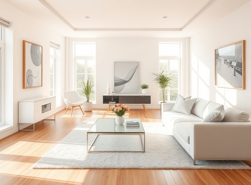 Pristine luxury living room with bright sunlight