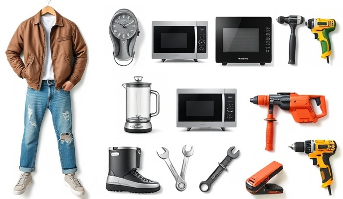 Product collage showing clothing, appliances, and tools