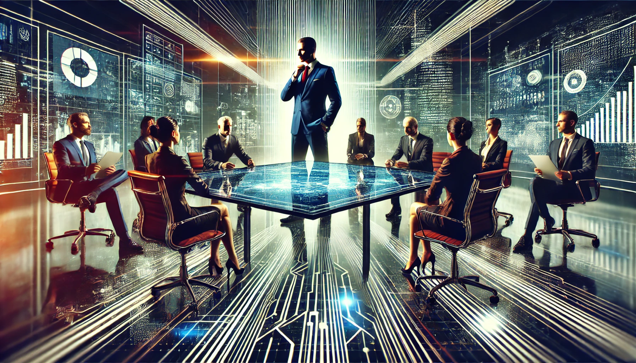 dall·e 2024-12-28 20.40.51 - a bold and dynamic depiction of a modern business leader strategizing in a sleek, futuristic boardroom. the setting includes a high-tech table surroun.webp