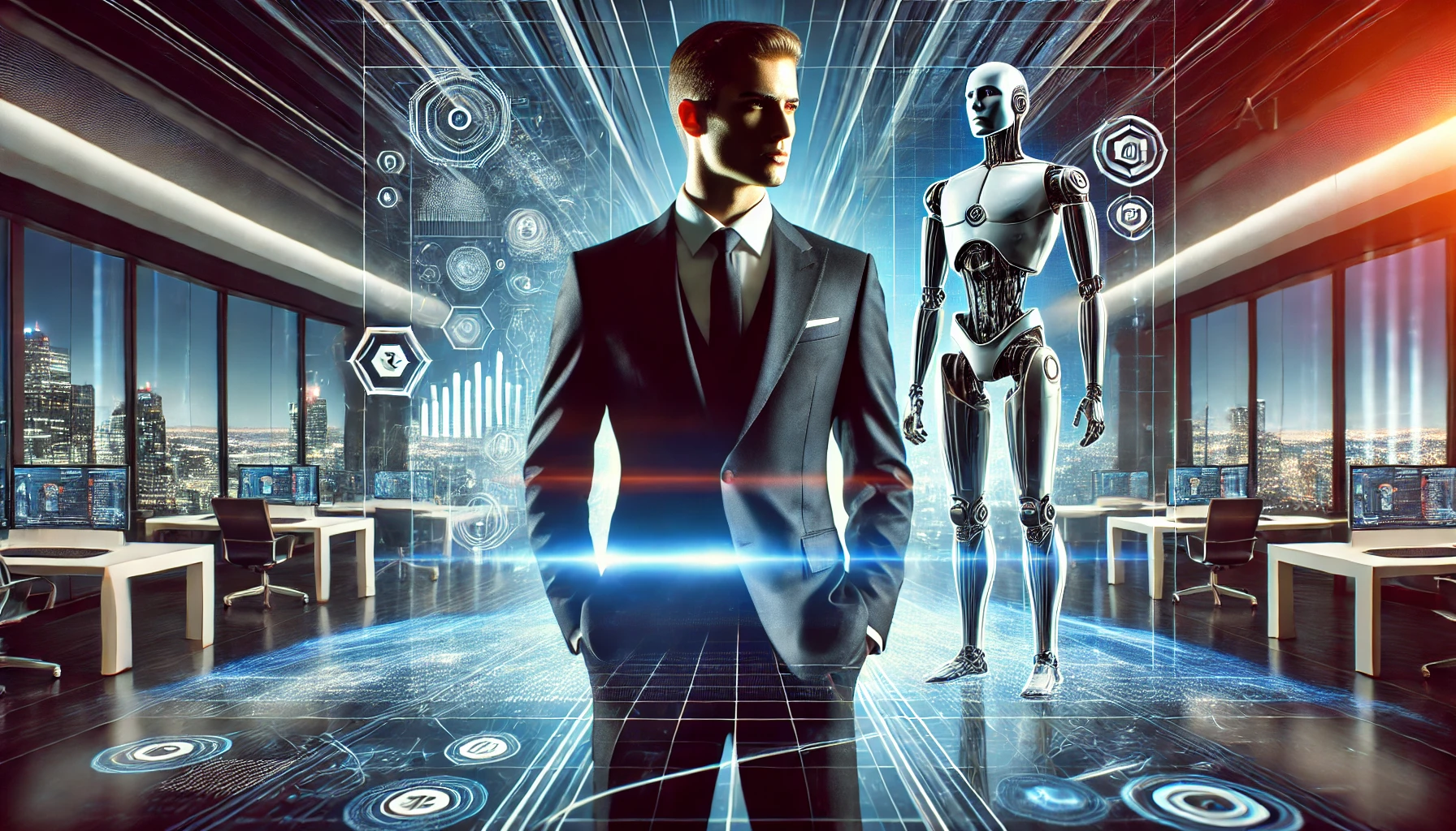 dall·e 2024-12-28 09.55.40 - a dramatic and futuristic image depicting a powerful business leader standing confidently in front of advanced ai interfaces, holograms of data projec.webp