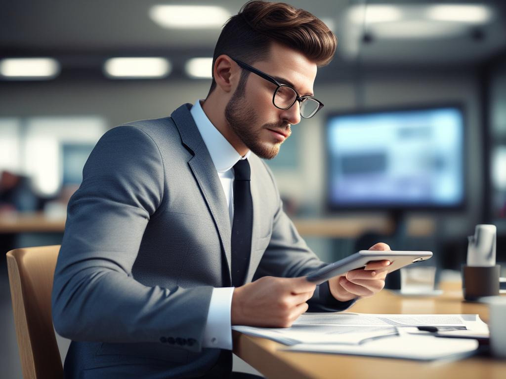 a close-up of a person reviewing a digital report on a sleek tablet, with a serious expression, surrounded by a modern office background, shot with a 45mm f/1.2 lens style