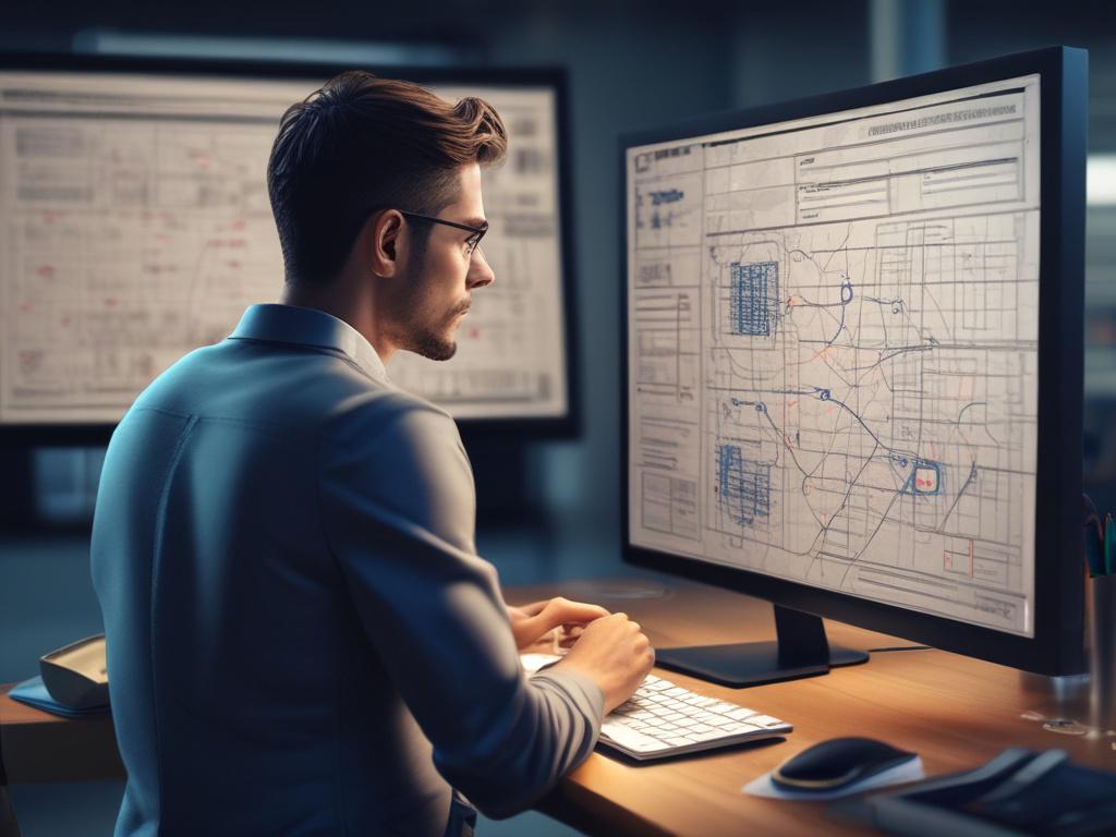 a close-up of a confident person studying a detailed security plan on a large screen, in a high-tech environment, with a focused look, shot with a 45mm f/1.2 lens style