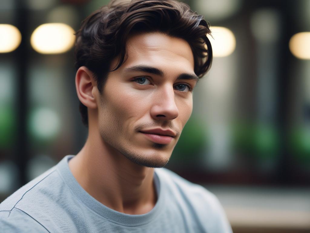 a close-up of a serene individual in a casual setting, blending seamlessly into their environment, exuding confidence and tranquility, shot with a 45mm f/1.2 lens style