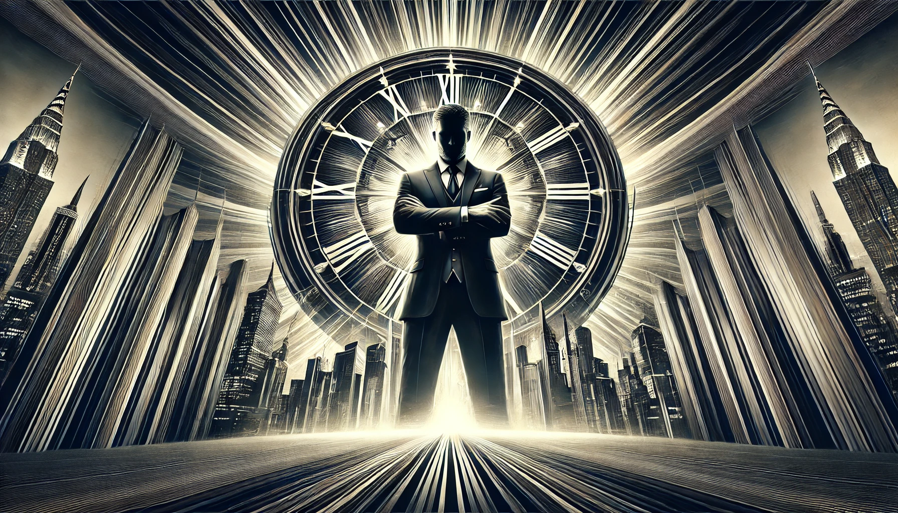 dall·e 2025-02-09 15.36.55 - a powerful and intense digital illustration of a dominant figure standing in front of a massive clock, symbolizing control over time. the figure is sh.webp