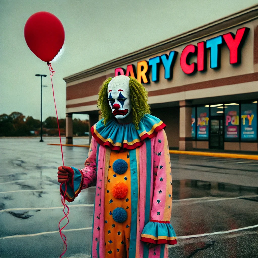 dall·e 2024-12-22 12.43.18 - a sad clown with a painted face, wearing a tattered and colorful clown suit, standing alone in an empty parking lot. the clown holds a single red ball.webp
