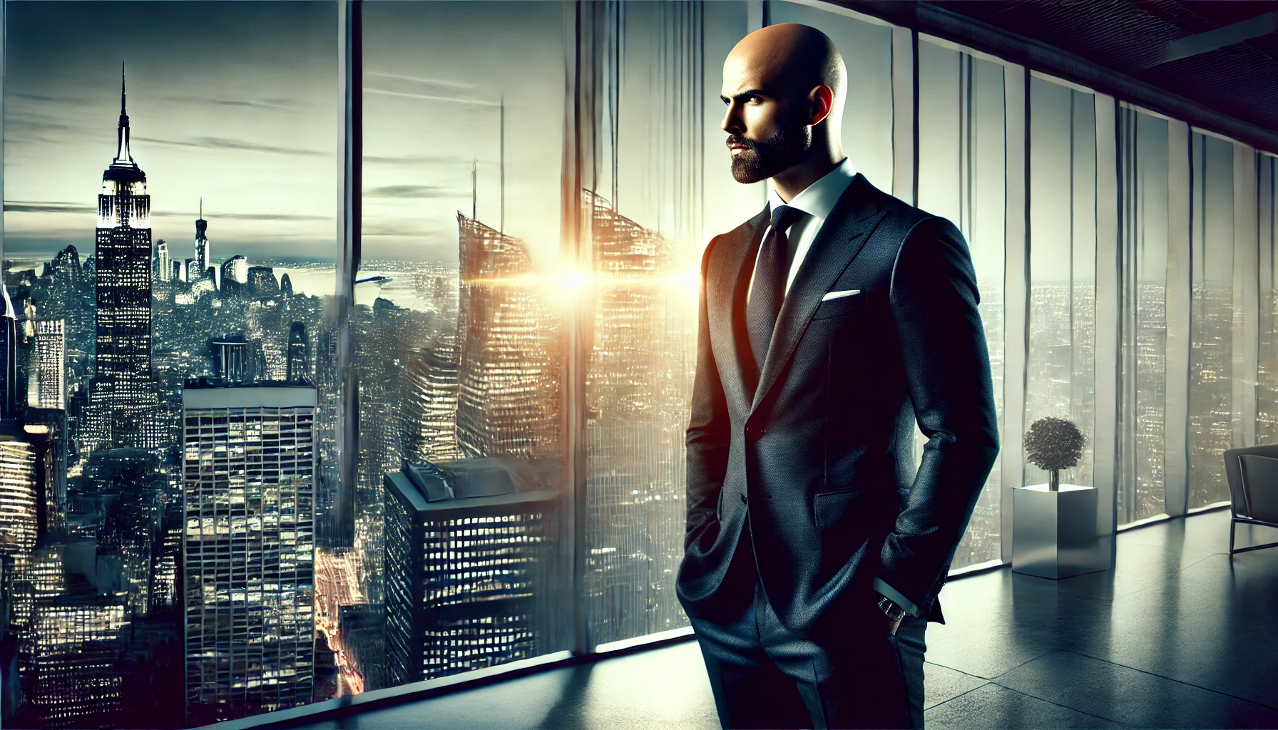 dall·e 2025-01-03 08.41.54 - a dramatic and commanding image of a leader standing confidently in a modern office space. the leader, bald with a short beard, is dressed in a sharp .webp