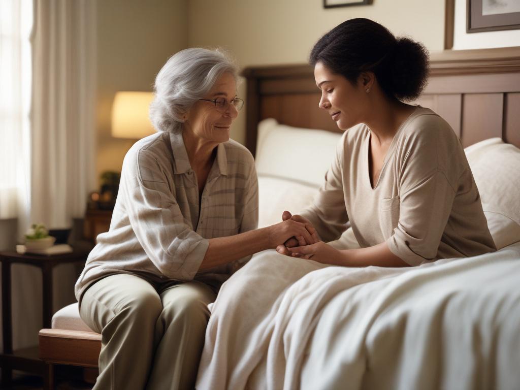 A warm, intimate scene of a caregiver sitting beside a bedside, gently holding the hand of a person who appears comforted. The room should have soft lighting, creating a serene atmosphere that emphasizes the caring connection.