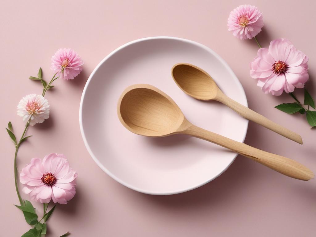 A realistic high-resolution photo of a wooden spoon placed elegantly on a clean, minimalist white surface. Beside the spoon, a delicate flower in soft colors, such as pale pink or white, adds a touch of nature. The background should be simple and uncluttered, emphasizing the spoon and flower as the main subjects. The composition should utilize negative space effectively, showcasing the beauty of simplicity and clean lines.