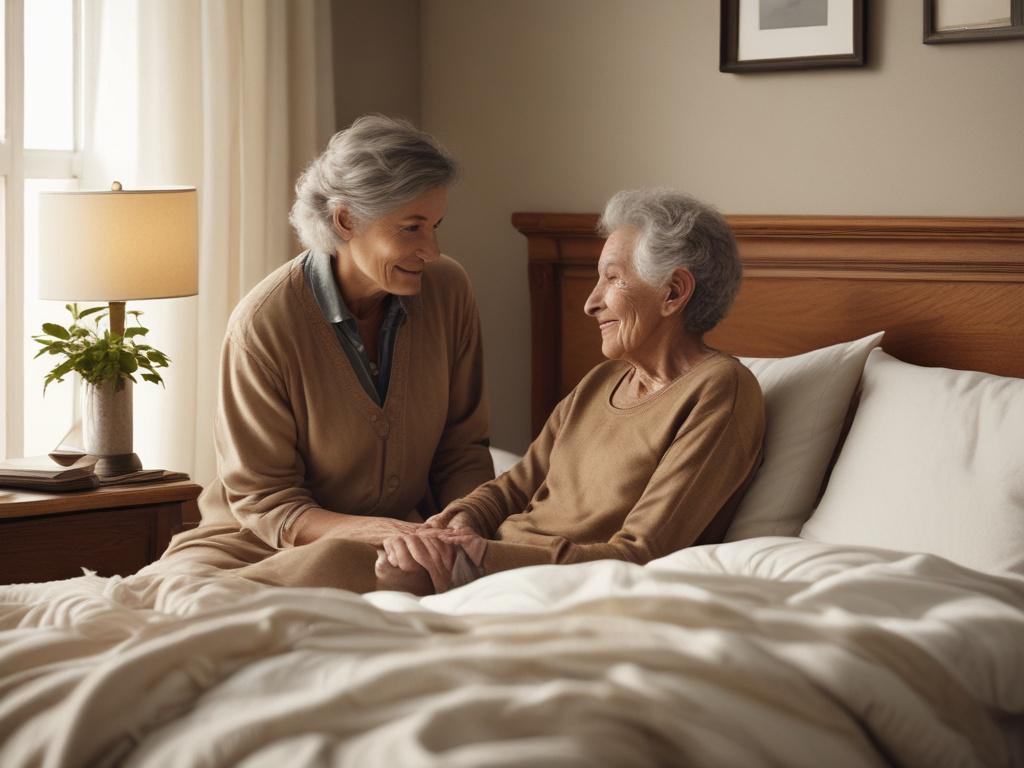 A realistic high-resolution photo of a warm and comforting bedroom scene, featuring a caregiver gently assisting an elderly person in bed, ensuring they are comfortable. The room is softly lit with a bedside lamp, and personal touches like family photos and cozy blankets create a homey atmosphere, emphasizing the compassionate nature of the service.