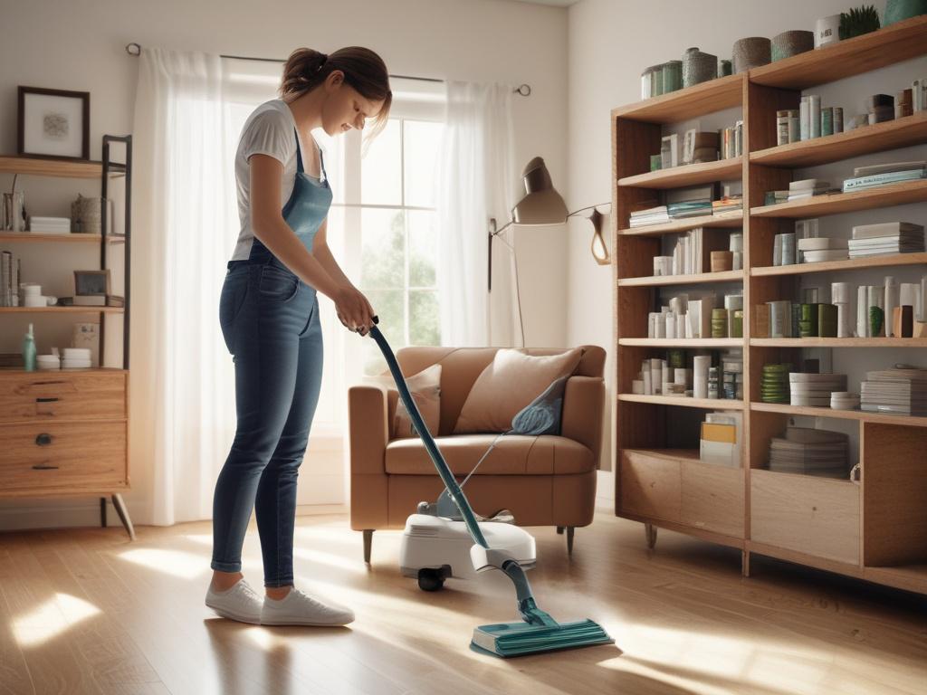 A realistic high-resolution photo of a professional cleaner in action, using eco-friendly cleaning supplies in a bright, airy living room. The cleaner is focused on wiping down a shelf, and there are natural light streaming through the window, illuminating the space. The room features earthy textures, with plants in the background, creating a fresh and inviting atmosphere.
