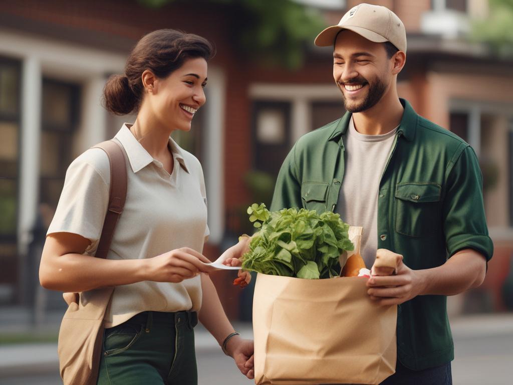 A realistic high-resolution photo of a friendly delivery person handing over a grocery bag to a customer at their doorstep. The scene is set in a cozy neighborhood with greenery in the background. The delivery person wears a warm smile, and the grocery bag is filled with fresh produce and essential items, showcasing the convenience of the service.