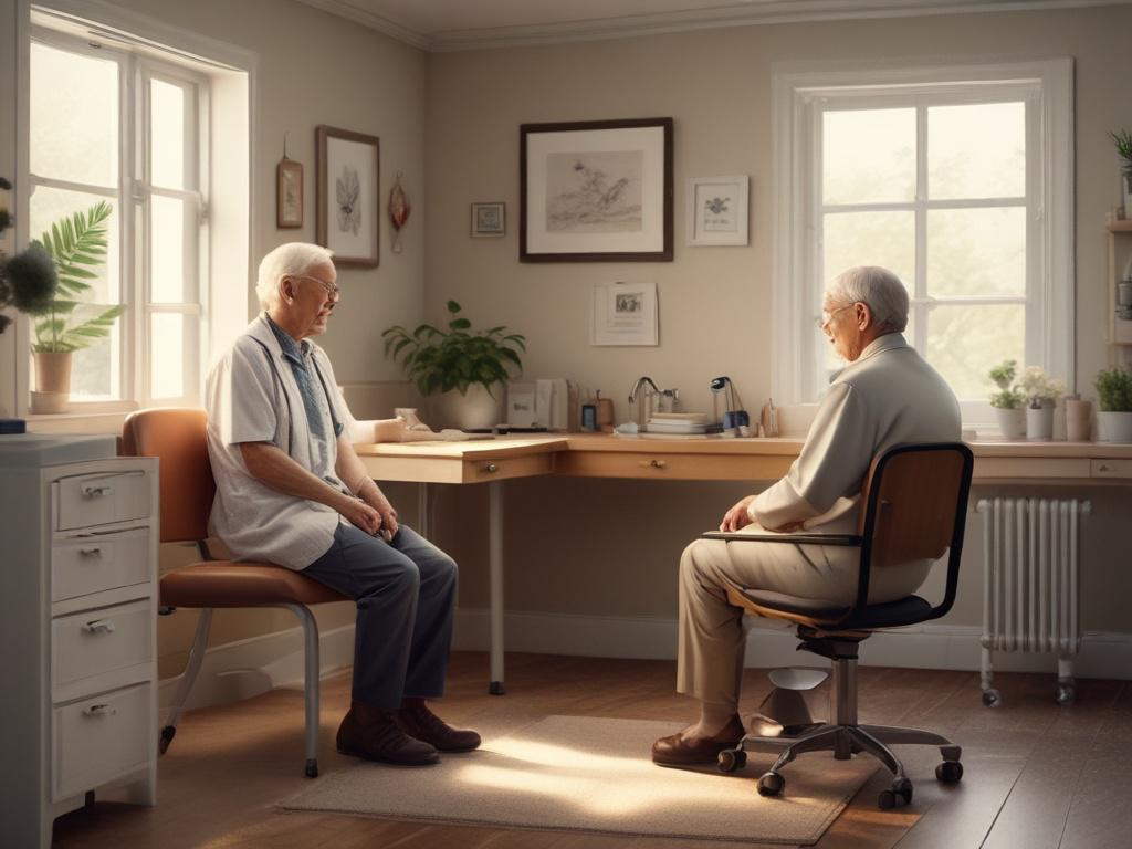 A caring individual assisting an elderly person in a medical office, showcasing a warm and supportive atmosphere. The elderly person appears calm and relaxed, sitting comfortably in a doctor's examination room. The background features soft, neutral tones with natural lighting, emphasizing a feeling of trust and care. The focus is on the interaction between the caregiver and the elderly person, highlighting the companionship aspect of the service.