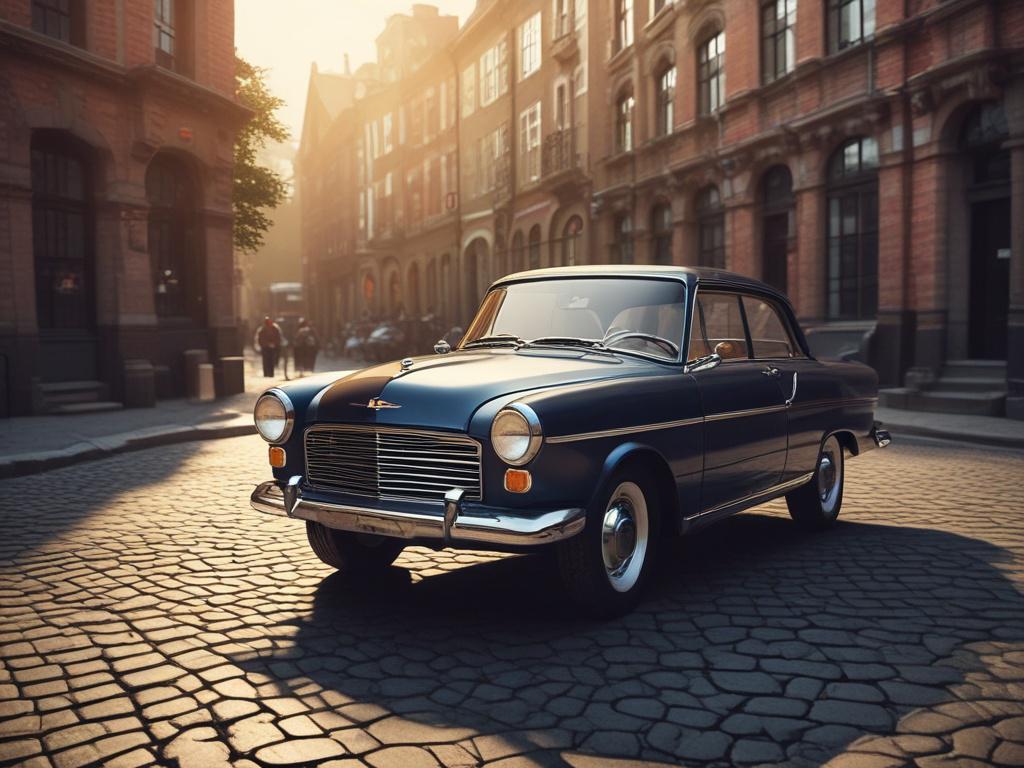 A vintage old school car parked on a cobblestone street, bathed in soft evening light. The car is a classic model with a glossy finish and chrome details, showcasing its timeless design. The background features quaint, historic buildings, adding charm and character to the scene. The atmosphere is nostalgic and warm, inviting viewers to appreciate the beauty of the past.