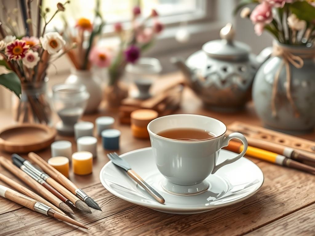 A beautifully arranged teacup and saucer project kit, showcasing a pristine white teacup and saucer, along with an array of colorful paints and brushes. The setting should be bright and inviting, with a wooden table and floral decorations, capturing the essence of a cozy crafting space. Include a steaming cup of tea for added warmth.