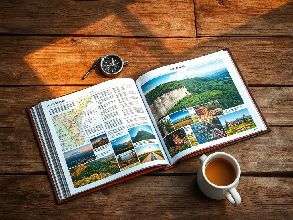 An open guidebook featuring vibrant photos of Appalachian landscapes and attractions, set against a backdrop of a rustic wooden table. The book should display detailed maps and colorful images of iconic sites, with natural light illuminating the pages. Include elements like a compass and a steaming mug of coffee to evoke a sense of adventure.
