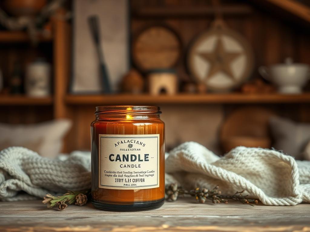 A rustic, handcrafted candle made from natural ingredients, displayed in a cozy, warmly lit setting. The candle should have a label inspired by Appalachian nature, with earthy tones and textures. The background should feature elements of a rustic home, such as wooden shelves, soft fabrics, and natural decor, creating an inviting atmosphere.