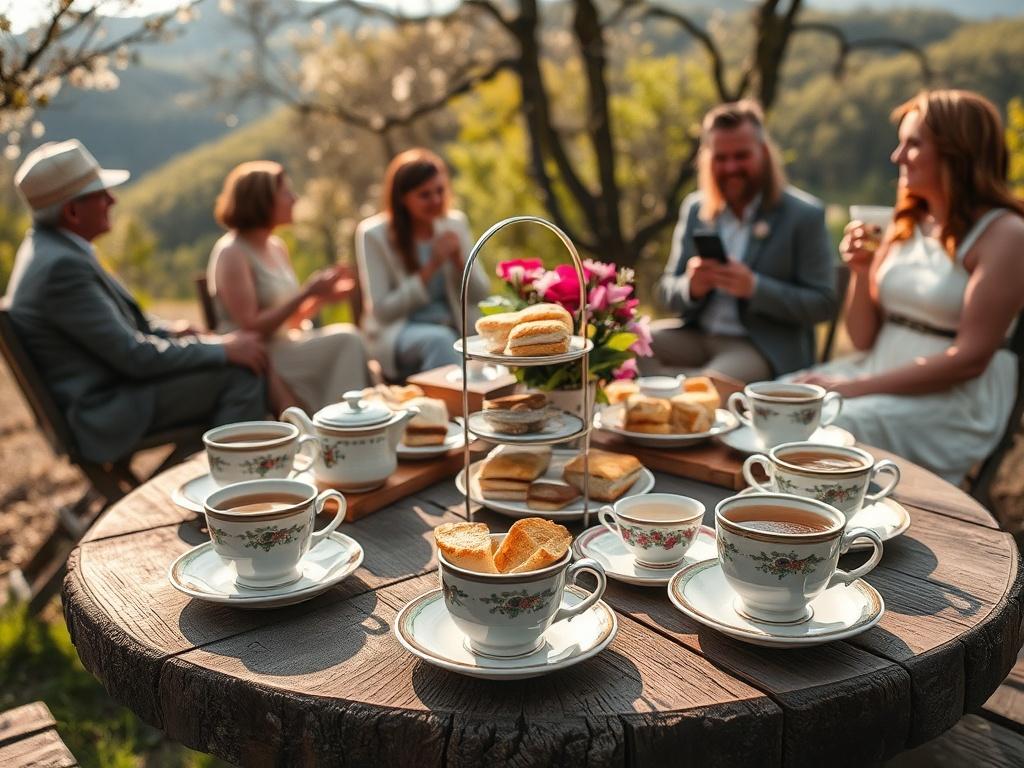 A beautifully arranged afternoon tea setup on a rustic wooden