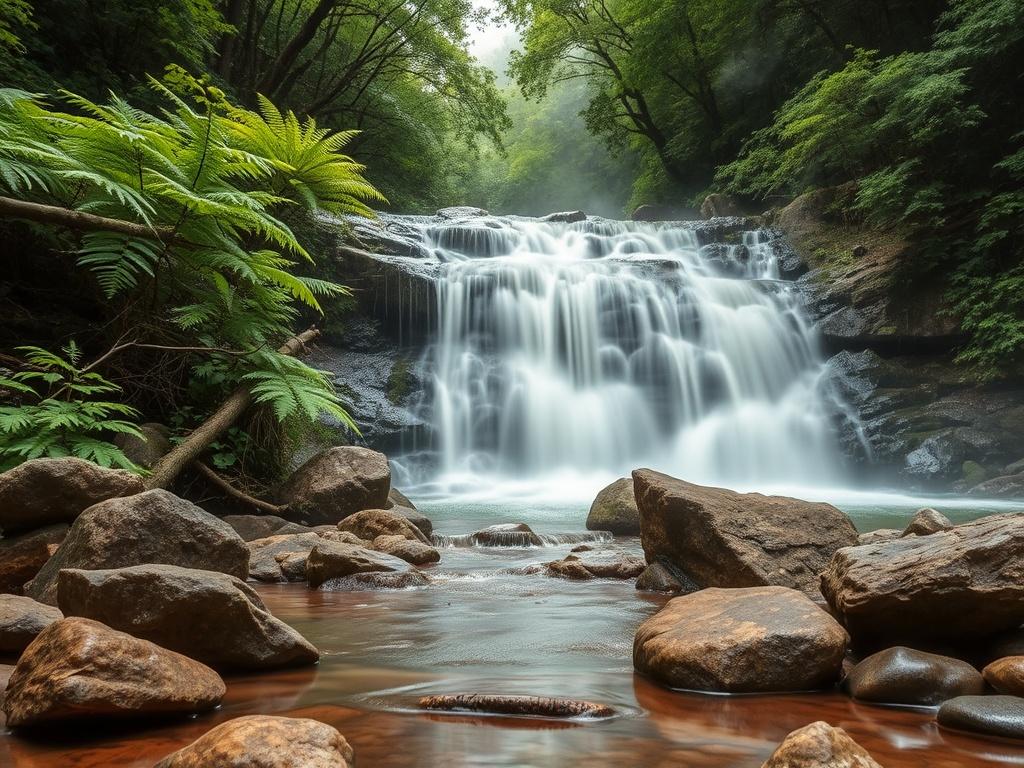 Create a realistic high-resolution photo that showcases the beauty of Bad Branch Falls, focusing on the tranquility and splendor of this natural wonder. The central subject should be the cascading water of Bad Branch Falls, creating a mesmerizing flow as it tumbles over the rocks. Surround the falls with lush greenery, featuring vibrant ferns and diverse Appalachian flora, emphasizing the serenity of the location. 

In the foreground, include smooth, naturally colored stones that reflect the earthy tones of