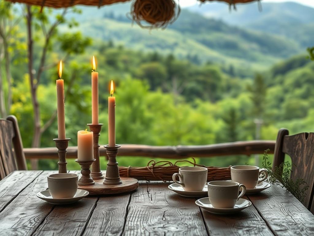 A cozy Appalachian setting featuring a rustic wooden table adorned with handmade candles, teacups, and saucers. In the background, a lush green forest and rolling hills provide a serene backdrop, highlighting the natural beauty of Eastern Kentucky. The lighting is warm and inviting, creating an atmosphere of comfort and homeliness.