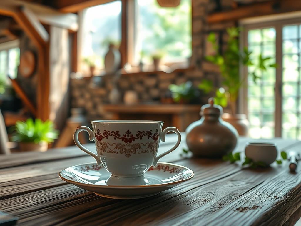 A warm and inviting scene featuring a rustic wooden table set for an afternoon tea, complete with a delicate teacup and saucer. The background showcases a cozy, sunlit room with earthy textures like wooden beams and natural stone walls, surrounded by lush greenery visible through a window. The focus is on the teacup, highlighting the intricate design and inviting warmth of the setting.