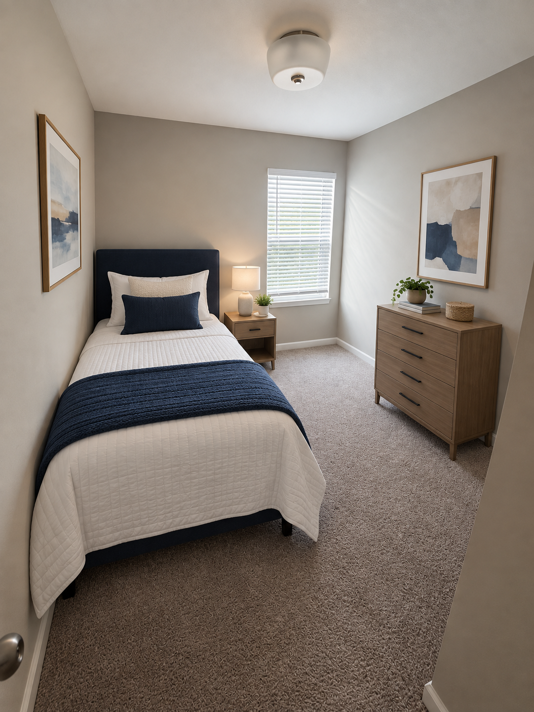 Private single-occupancy bedroom furnished for one veteran resident