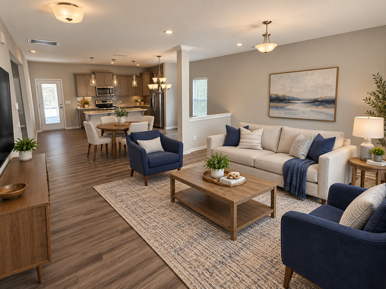 Wide view of a bright, warmly furnished private single-occupancy bedroom
