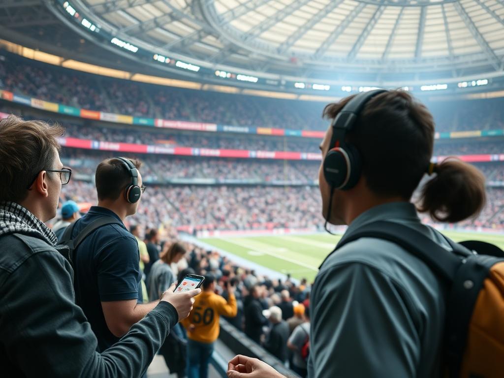 A dynamic scene depicting a stadium filled with enthusiastic fans