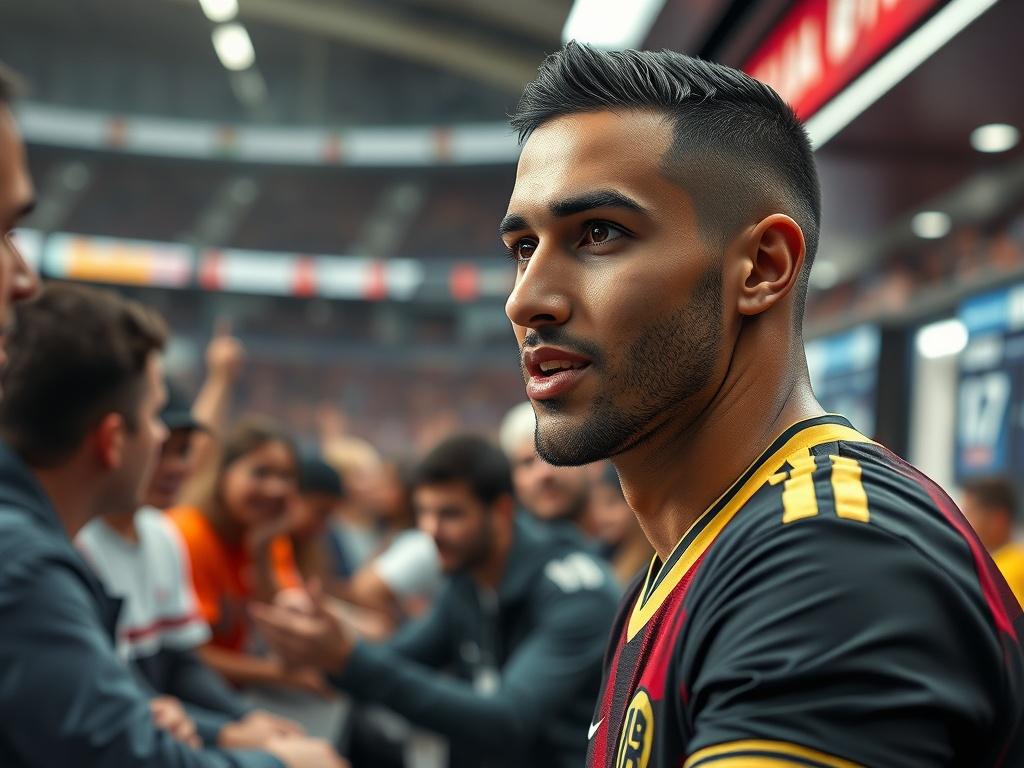 Create a realistic high-resolution photo of a hyper-realistic AI avatar of a sports player engaged with fans at a stadium kiosk. The focus should be on the avatar's expressive features, showcasing advanced digital rendering techniques. The background should include a vibrant stadium setting with enthusiastic fans. The image should be shot with a 45mm f/1.2 lens style to emphasize the avatar's detail and create a shallow depth of field.