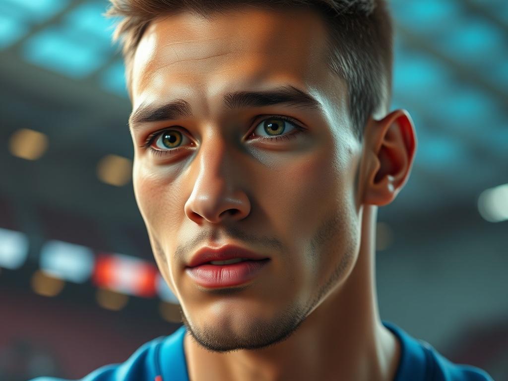 A hyper-realistic close-up of a digital avatar representing a sports player, showcasing intricate facial details and lifelike expressions. The background should be slightly blurred to emphasize the avatar, with hints of a stadium environment. The lighting should be bright and engaging, capturing the essence of excitement in sports. The color palette should incorporate the primary color rgb(50, 170, 39) subtly in the background elements.