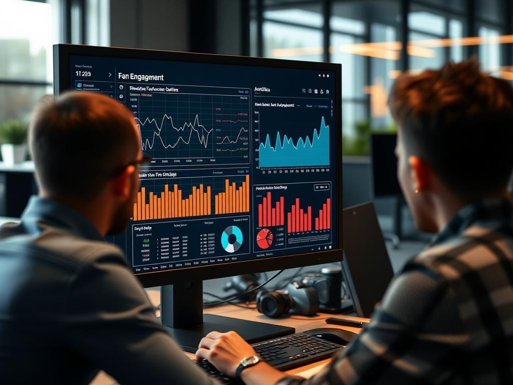 A close-up shot of a team analyzing data on a computer screen, with graphs and metrics related to fan engagement. The background features a sports office atmosphere, showcasing a focus on analytics and strategy.