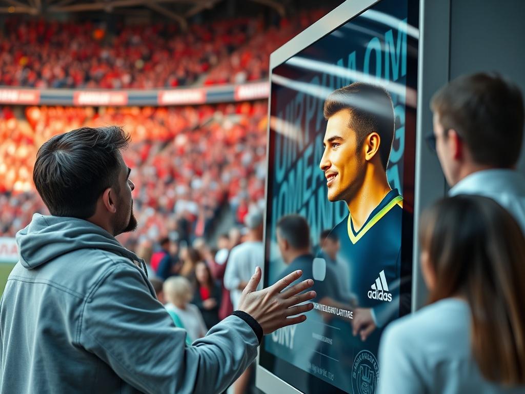 A close-up shot of a stadium kiosk displaying a hyper-realistic AI avatar of a famous player interacting with fans. The background features excited fans and vibrant team colors, emphasizing the engaging technology in action.