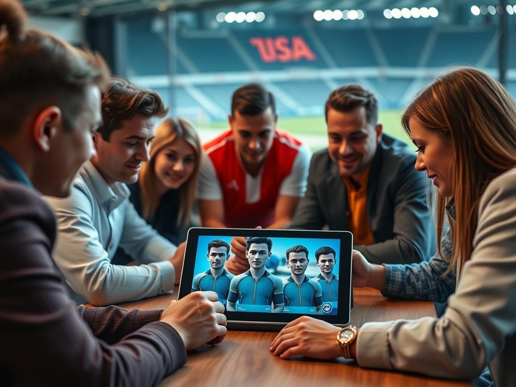 A close-up shot of a sports club meeting, with a diverse group of professionals discussing ideas around a table. The focus is on a digital tablet displaying 3D models of hyper-realistic AI avatars. The background shows a stadium or sports memorabilia, conveying a sense of innovation and collaboration.
