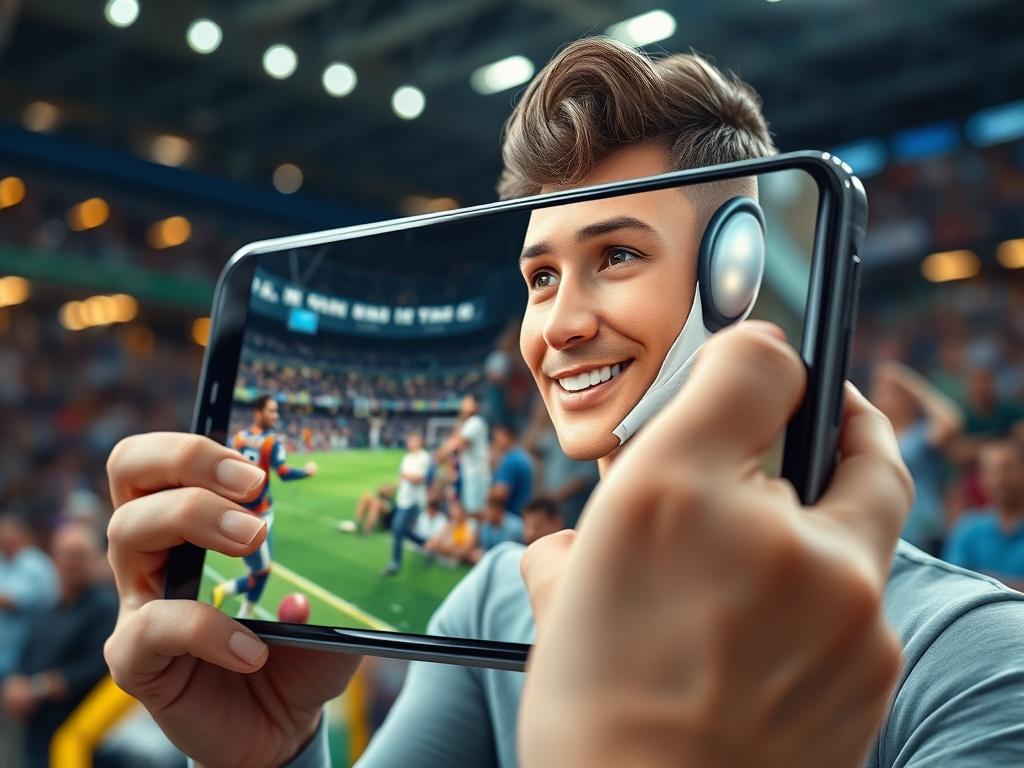 A close-up shot of a mobile device displaying interactive content featuring a hyper-realistic AI avatar engaging with a fan. The background shows a vibrant sports environment, illustrating active fan involvement.