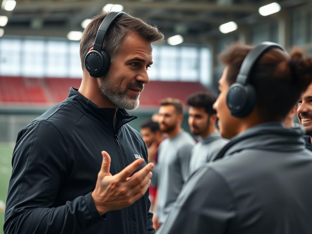 A digital coaching session featuring a hyper-realistic AI avatar of a sports coach interacting with fans. The avatar provides personalized training tips, set against a digital backdrop of a sports training facility. The scene conveys a sense of connection and customization, showcasing the benefits of AI-driven coaching.