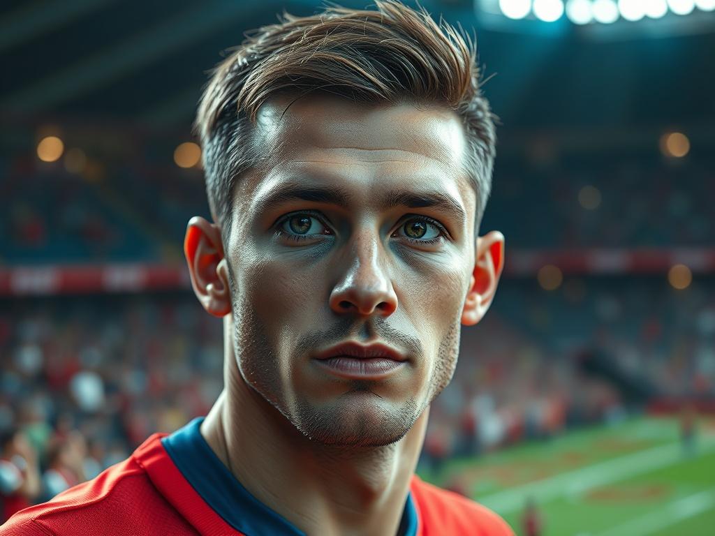 A hyper-realistic AI avatar of a football player, depicted in a vibrant stadium setting. The avatar should show detailed facial expressions and realistic textures, emphasizing the lifelike quality. The background features blurred stadium lights and cheering fans, creating an engaging atmosphere. The focus is on the avatar, highlighting its advanced AI features.