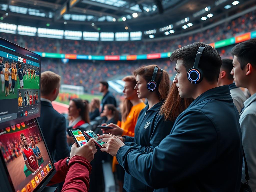 An interactive digital platform showcasing various hyper-realistic AI avatars engaging with fans. The scene includes a user interface with avatars interacting on mobile and kiosk screens, surrounded by vibrant graphics and icons representing fan engagement activities. The environment reflects a lively sports atmosphere, promoting continuous interaction.